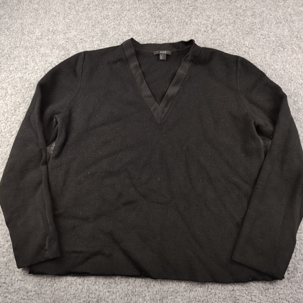 COS Sweater Womens Medium Black Wool Blend V-Neck 3/4 Sleeve